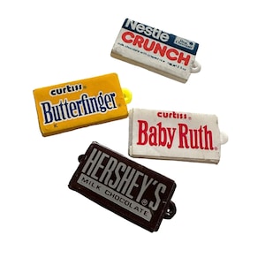 4pcs CHOCOLATE BAR CHARMS Vintage 1970s Miniature Candy Bar Plastic Charms Vending Prizes Party Favors Lot