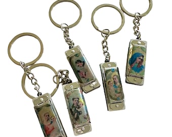 1pc SAINT HARMONICA KEYCHAIN Miniature Catholic Key Ring Religious Tiny Silver Instrument Your Pick