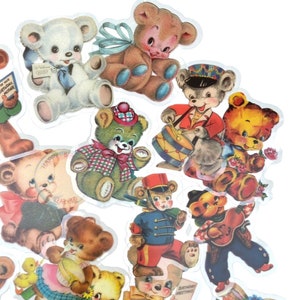 20 Stück RETRO BÄREN AUFKLEBER 5,5 cm Vintage Style Grußkarte Kind Geburtstag Bears Valentine Buch Illustration Ephemera Geschenkanhänger Kunststoff Lot B