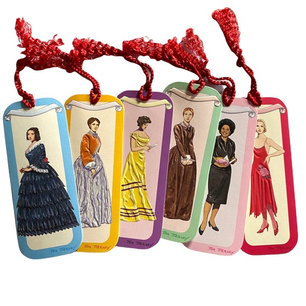 6pcs WOMEN NOVELIST BOOKMARKS 4-1/2" Vintage Embossed + Tassel Feminist Stowe Alcott Wharton Dickinson Morrison Millay Bookworm Gift