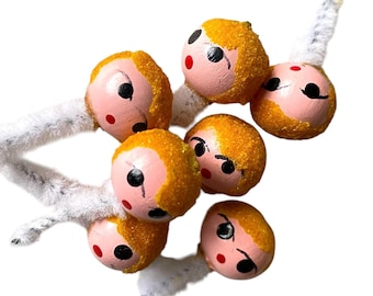 TEENY DOLL HEADS 5/8" Vintage Mini Flocked Hair + Hand Painted Doll Parts Wooden Beads Crafting Supplies Blonde Haired Japan Last Chance