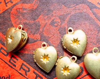 5pcs TINY HEART LOCKETS Warm Brass Starburst Centers Vintage Charms Pendants Jewelry Findings Lockets Lot