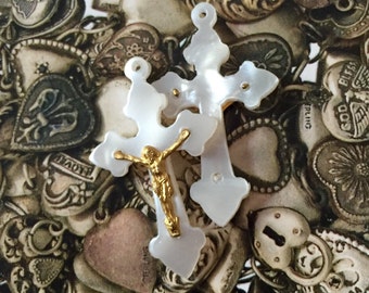 1pc VINTAGE PEARLY CRUCIFIX Religious Medals Celluloid Rosary Parts French