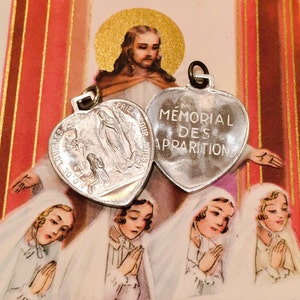 1pc LOURDES SOUVENIR MEDAL Vintage 1958 Religious Heart Charm 100 Years Memorial Des Apparitions image 1