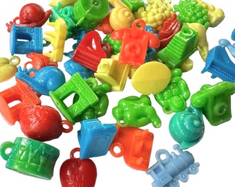 6 Vintage Plastic Charms Mystery Pick French Gum Ball Prizes Limited Color Mix Green Blue Orange