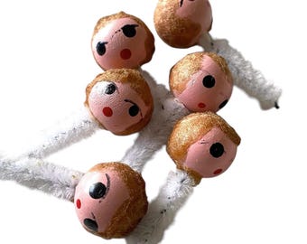 MINI DOLL HEADS 5/8" Vintage Tiny Hand Painted + Flocked Hair Doll Parts Wooden Beads Crafting Supplies Brown Haired Japan Last Chance