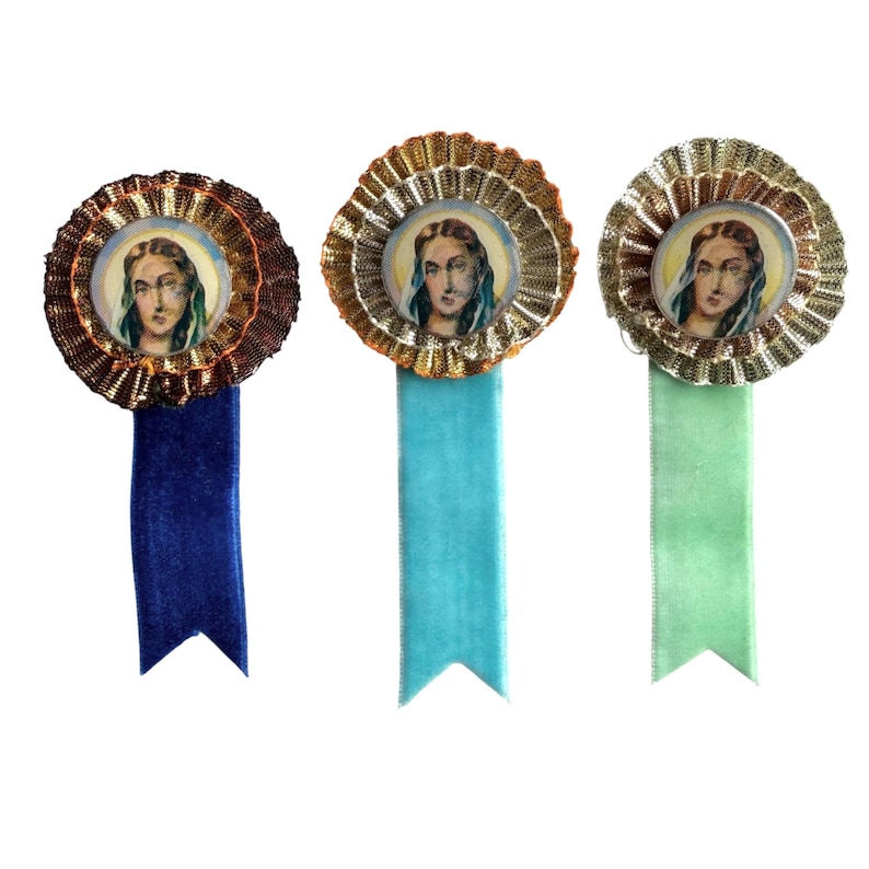 1 Vintage Flicker Award Ribbon Pin Jesus + Mary Religious Handmade ...