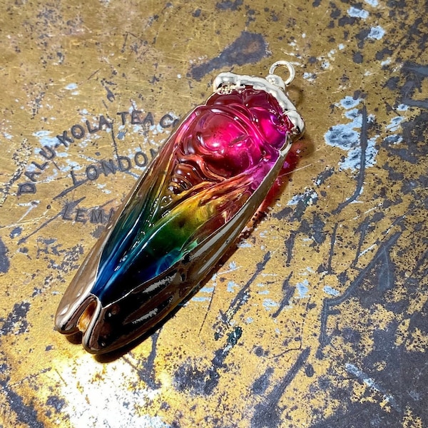 1pc GLASS SOLDERED CICADA 2" Rainbow + Golden Solder Loop Transparent Pendant Charm Jewelry Lucky Token Amulet