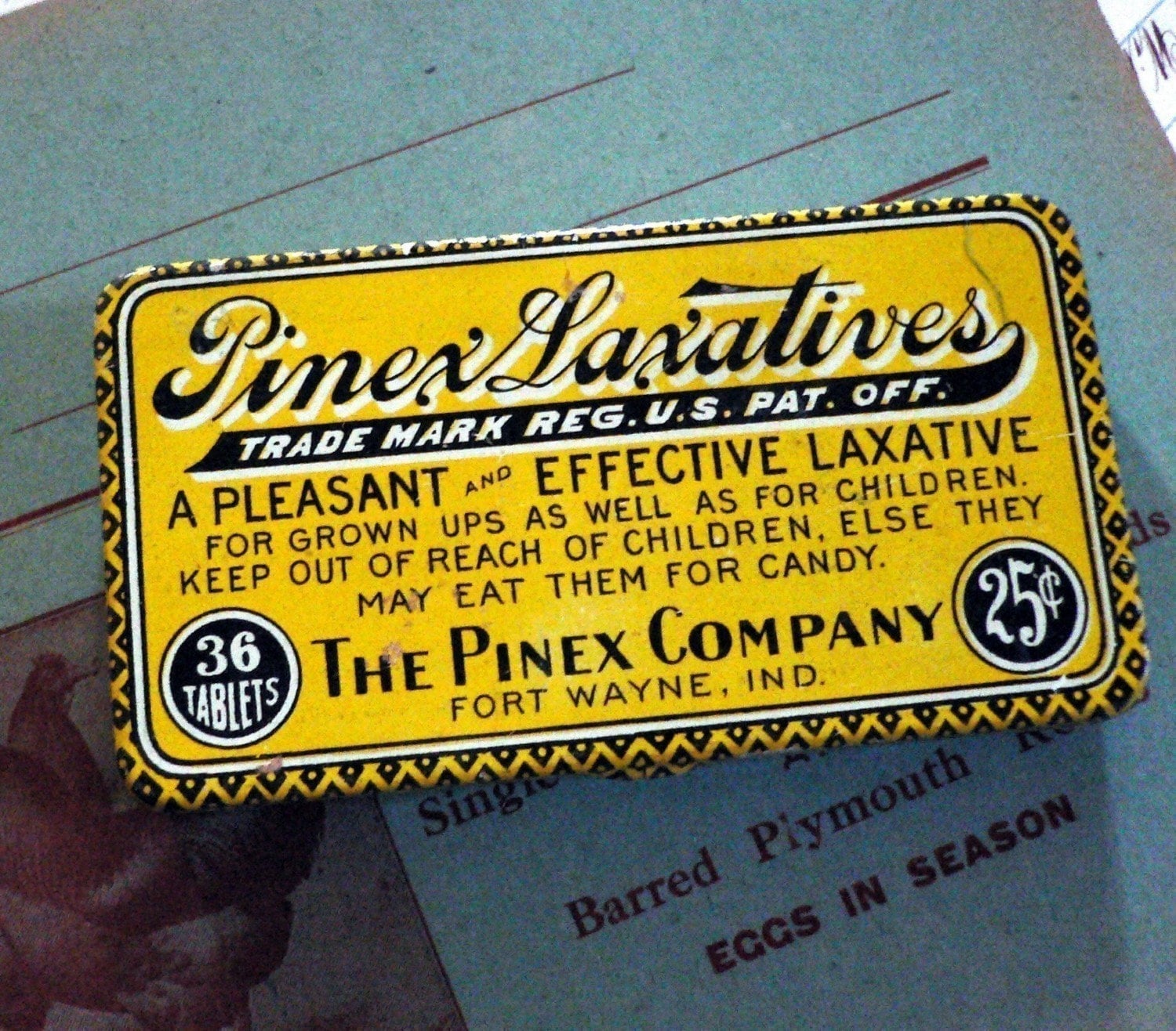 1pc VINTAGE LAXATIVES BOX 3-3/8" Hinged Bright Yellow Pharmacy Tin