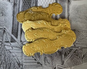 5pcs ANTIQUE SOUVENIR LABELS 1.75" Vintage Gold Foil Seals Victorian Era Gummed Stickers Lot