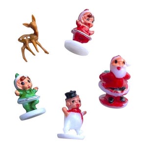 5pcs VINTAGE CHRISTMAS MINIS 5/8" Tiny Plastic Figures Deer Santa Elf Pixie Snowman Crafting Miniatures