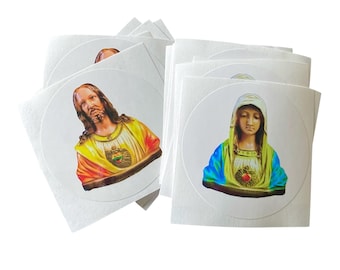 12 Glossy Catholic Stickers 2" Vintage Sacred Heart of Jesus or Virgin Mary Vinyl Labels Your Choice