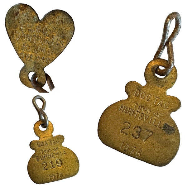 BRASS DOG TAG Vintage Euphemia Huntsville South Easthope Shabby + Worn Your Pick