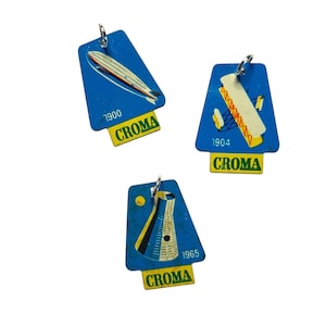 Peut inclure: Trois porte-clés vintage avec des fonds bleus et des accents jaunes. Chaque porte-clés présente un design différent : un dirigeable, un biplan et un instrument scientifique, avec les années 1900, 1904 et 1965, respectivement. Le mot "CROMA" est imprimé sur chaque porte-clés.