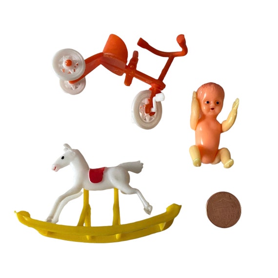 3pcs NURSERY PLASTIC MINIATURES Vintage Tiny Baby Doll Toys Rocking Horse Tricycle Hong Kong Last Chance Etsy UK
