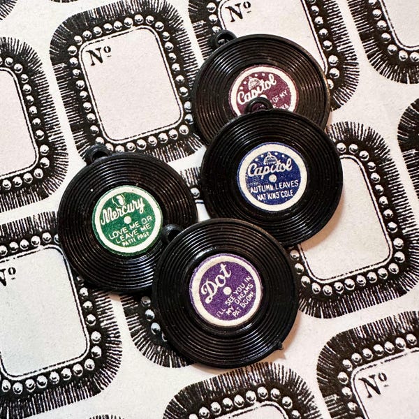 Plastic Record Charms Lot 7/8" Vintage Miniatures Old Titles Made in Japan
