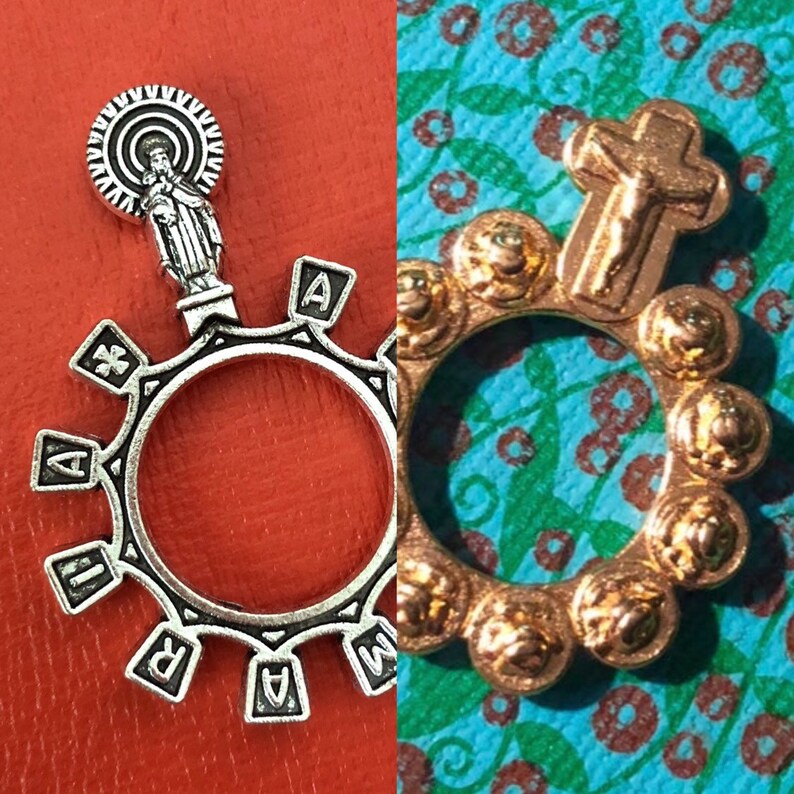 Our Lady of Lourdes Finger Rosary Ring Silver and Blue Metal Pocket Rosary