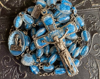 LEGATURA BUBBLE ROSARY Vintage Lourdes Souvenir Virgin Mary Beads Blue With Special Pink Bead Grotto Center Gorgeous Rare 25"