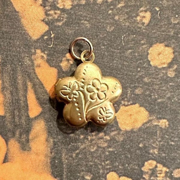 1 Tiny Vintage Locket 1/2" Flower Shaped Charm Butterfly Floral Brass Miniature Pendant