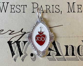 1pc SACRED HEART MEDALLION Vintage Style Religious Medal Starburst Miniature Spanish Enameled Charm Silver Tone