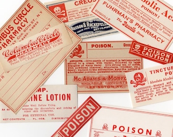 10pcs POISON LABEL ASSORTMENT Old School Authentic Genuine Paper Ephemera Pharmacy Stickers Medicine Seals