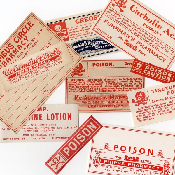 10pcs POISON LABEL ASSORTMENT Old School Authentic Genuine Paper Ephemera Pharmacy Stickers Medicine Seals