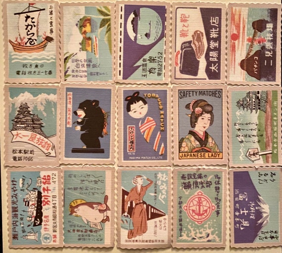 15pcs POSTAGE STAMP STICKERS Vintage Japanese Style Retro Ads Boats Faux  Postage Mail Art Ephemera Pack Labels Seals Sticker Pack Lot B B