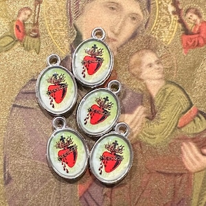 5pcs SACRED HEART CHARMS Tiny Custom Made Vintage Religious Bleeding Flaming Heart Miniature Pendant Medallions Lot