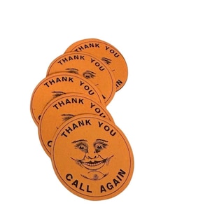 5 autocollants RAPPEL 1-3/8&quot; vintage étiquettes gommées lune souriante merci éphémères