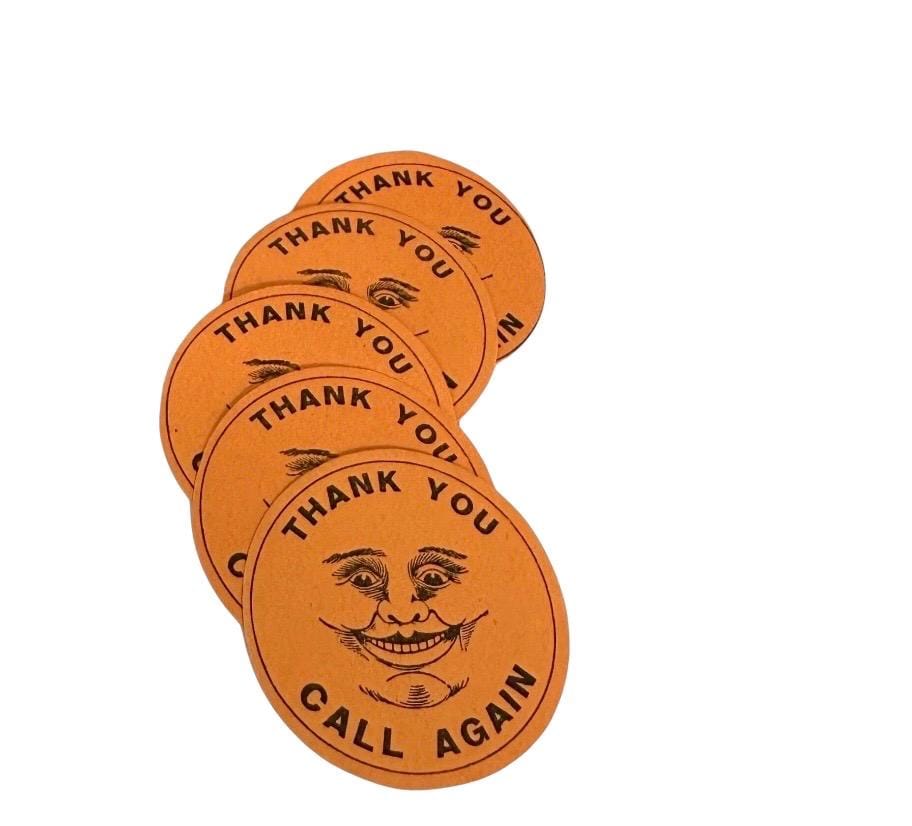 5pcs CALL AGAIN STICKERS 1-3/8" Vintage Gummed Labels Antique Smiling Moon Thank You Seals Old Store Stock Ephemera Orange Halloween Hue