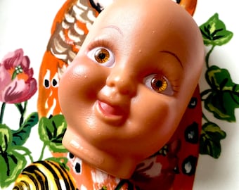 1 Brown Doll Face 4-1/2" Laughing Plastic Head Old Stock Seconds Hong Kong