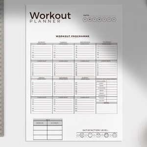 May include: A black and white printable workout planner with a section for daily workout programs, a section for weekly measurements, and a section for satisfaction level. The planner includes a date field and a section for tracking exercises and sets.