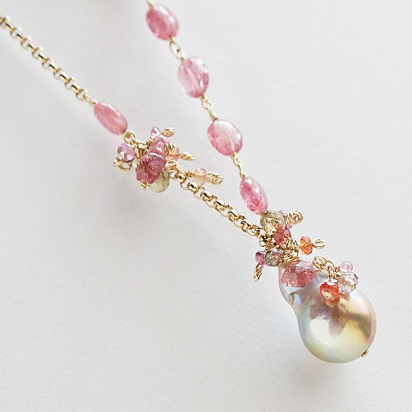 Pearl charm Pink Tourmaline colorchange Garnet Orange Sapphire 14kt Goldfill Convertible Necklace Bracelet