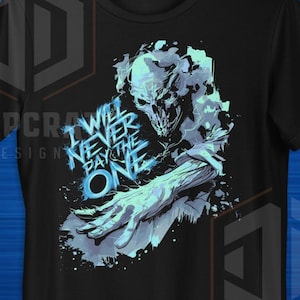 May include: Black t-shirt with a blue and white graphic of a skeletal figure with the text "I Will Never Pay The One".