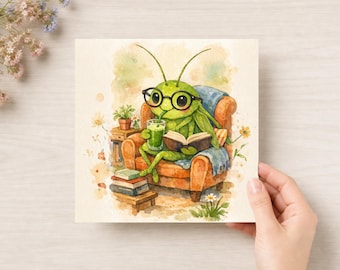 Watercolor Grasshopper Art Print, Whimsical Wall Decor for Book Lovers