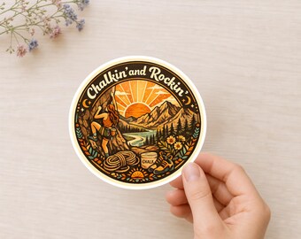 Sticker krijt en rotsklimmen, retro vinylsticker berg