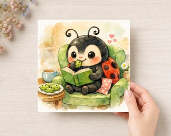 Watercolor Ladybug Art Print, Cozy Reading Decor for Book Lovers