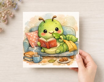 Caterpillar Ladybug Art Print, Cozy Reading Decor for Book Lovers