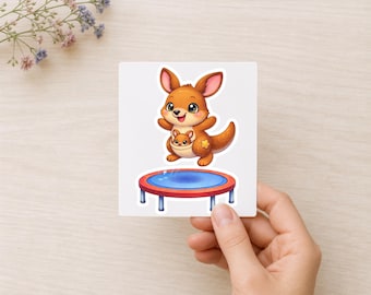 Kawaii Kangaroo Sticker: Jumping with Joey on Trampoline, Vinyl Decal