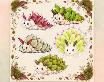 Kawaii stickervel met blaadjes en schaapjes voor liefhebbers van zeeslakken.