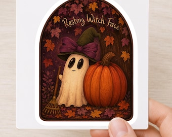 Sticker met een rustend heksengezicht, spook en pompoen, Halloween herfststicker