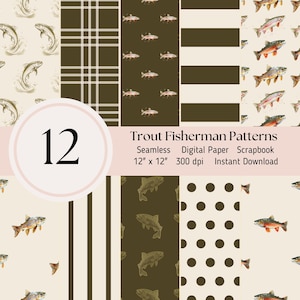 Rainbow Trout Fisherman Estetyczny papier cyfrowy - 12 bezszwowych wzorówScrapbooking Card Making Arkusze dziennika JPEG Natychmiastowe pobieranie