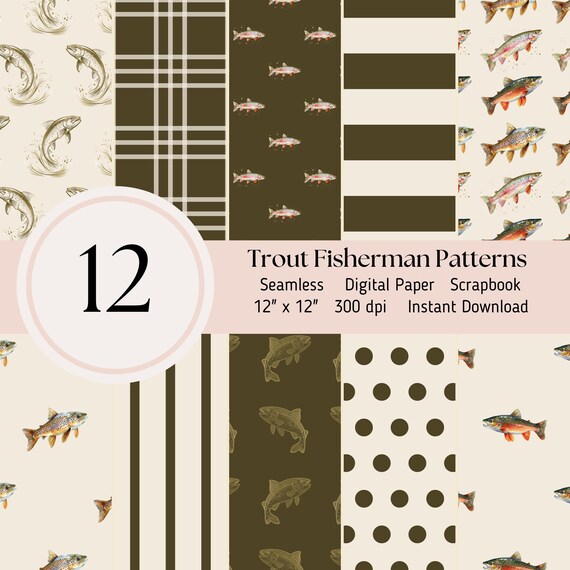 Rainbow Trout Fisherman Aesthetic Digital Paper- 12 seamless patternsScrapbooking Card Making Journal Sheets JPEG Instant Download