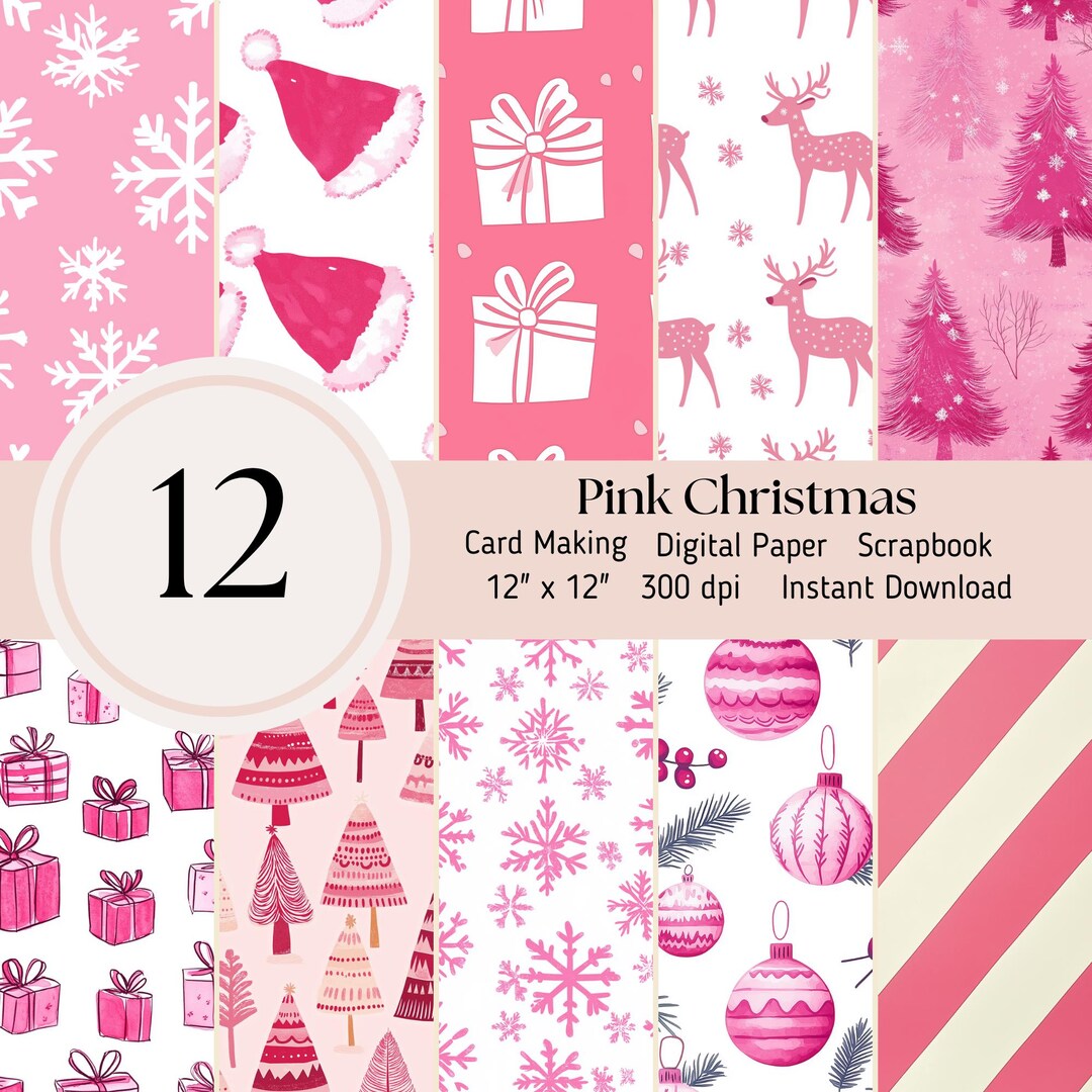 Girl Christmas Digital Paper File, Pink - 12 Pack Patterns, Background ...
