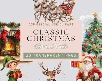 Classic Clipart - 20 PNG Bilder, transparenter Hintergrund, hohe Qualität, Santa Claus, Rudolph, Frosty, rot grün