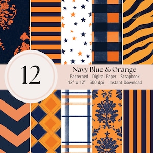 Navy Blue and Orange Digital Paper - 12 pack patterns, background, Scrapbooking Journal Sheets JPEG Instant Download