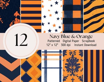 Navy Blue and Orange Digital Paper - 12 pack patterns, background, Scrapbooking Journal Sheets JPEG Instant Download