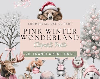 Rosa Winter Wunderland Clipart - 20 png Bilder, transparenter Hintergrund, hohe Qualität, Waldtiere, rosa weiß