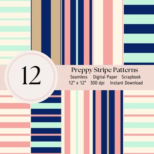 Papier numérique preppy à rayures - 12 modèles sans couture, feuilles de journal pour la fabrication de cartes de scrapbooking JPEG téléchargement immédiat