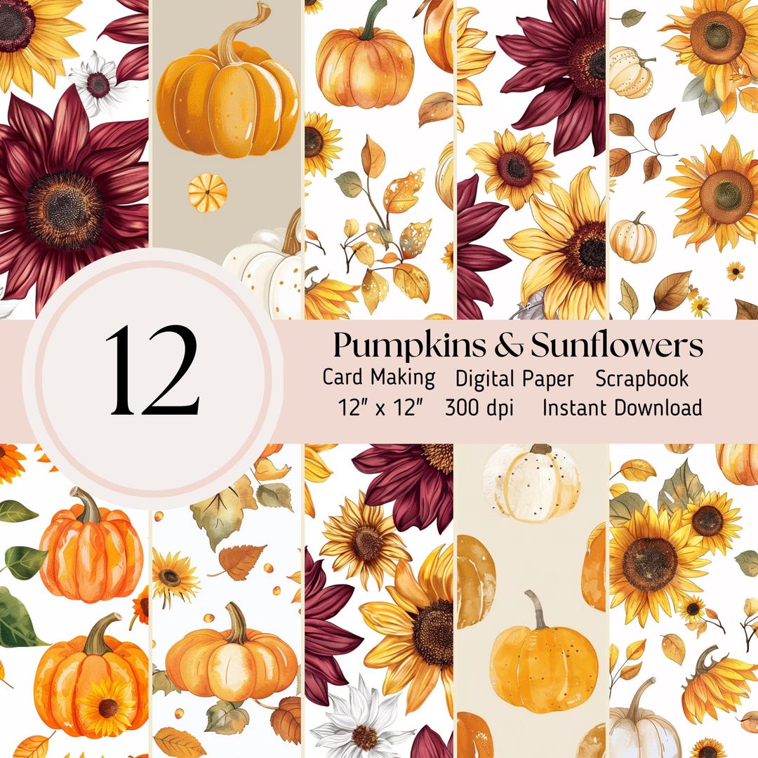 Pumpkins and Sunflowers Digital Paper, 12 Pack, Scrapbooking Journal ...